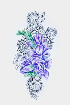 A sketch of a beautiful violet freesia in patterns on a white background. Stock Illustration