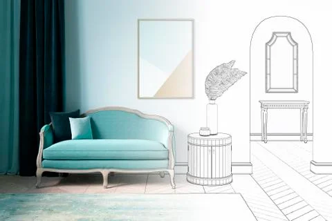 The sketch becomes a real interior of сlassic modern living room in fresh colors Stock Illustration