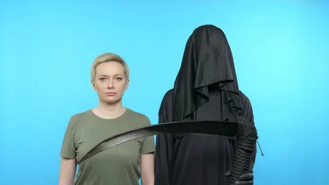 Sketch on a blue background. death goes away when a woman shows condoms Stock Footage 124420173