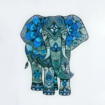Sketch blue elephant with beautiful patterns. Stock Illustration