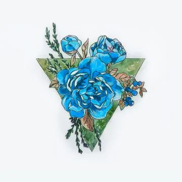 Sketch of a blue peony in a triangle on a white background. Stock Illustration
