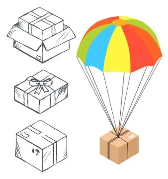 Sketch of Box with Parachute for Delivery Vector 스톡 일러스트