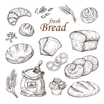 Sketch bread, hand drawn bakery products vector set isolated on white background Stock Illustration
