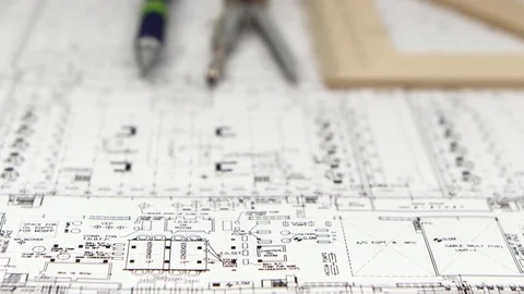 Sketch builder drafted with a pencil, ruler and compass. Close up Stock Footage 73670847