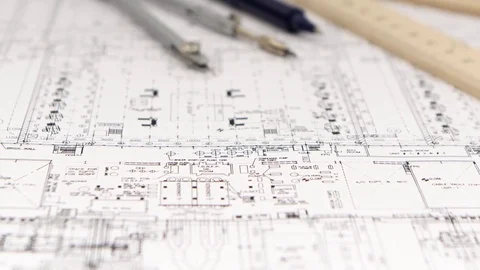 Sketch builder drafted with a pencil, ruler and compass. Close up Stock Footage 73671019