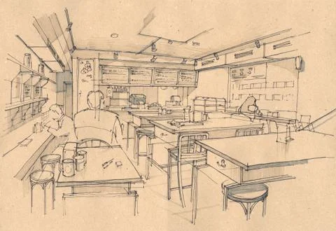 Sketch of a cafe interior Stock Illustration