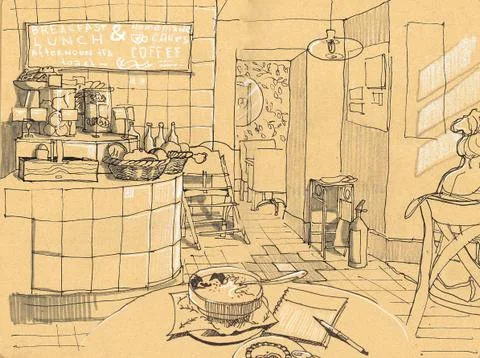 Sketch of a cafe interior Stock Illustration