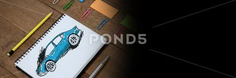 Sketch of car hand drawing on sketch pad Stock Photos