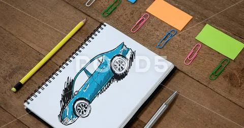 Sketch of car hand drawing on sketch pad Stock Photos
