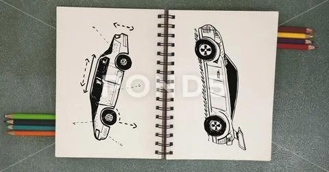 Sketch of cars hand drawing on sketch pad Stock Photos