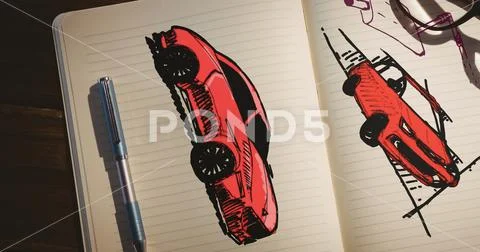 Sketch of cars hand drawing in sketch pad Stock Photos