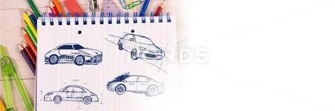 Sketch of cars hand drawing on sketch pad Stock Photos