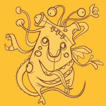 Sketch of a cartoon creature with many different eyes mouths and limbs Stock Illustration