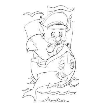 Sketch character fox which controls a large ship, captain, coloring, isolated Stock Illustration