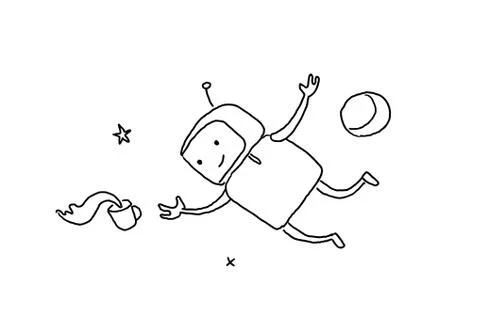 Sketch character weightlessness in outer space. The robot lost a cup of coffee Stock Illustration