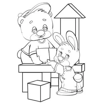 Sketch of the characters of a hare and a bear who play and build a tower of Stock Illustration