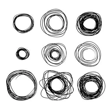 Sketch circle. Black ring set. Abstract geometric shape. Chaotic tangled line Stock Illustration