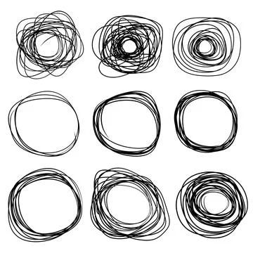 Sketch circle. Black ring set. Abstract geometric shape. Chaotic tangled line Stock Illustration