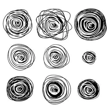 Sketch circle. Black ring set. Abstract geometric shape. Chaotic tangled line Stock Illustration