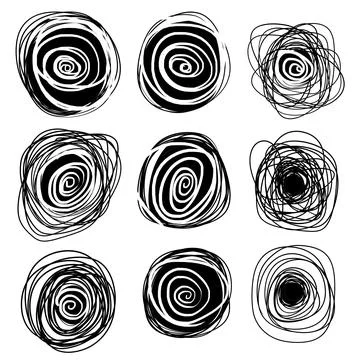 Sketch circle. Black ring set. Abstract geometric shape. Chaotic tangled line Stockillustratie