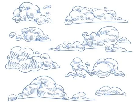 Sketch clouds. Curled cloudy sky drawing texture, nature weather outline symbols Ilustración de archivo