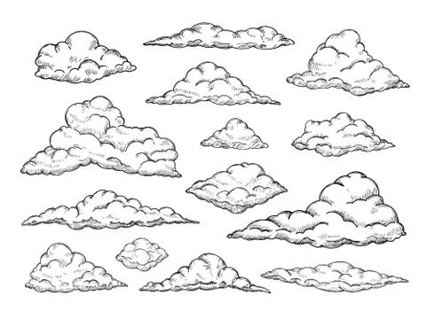 Sketch clouds. Hand drawn sky cloudscape. Outline sketching cloud vintage vector Stock Illustration