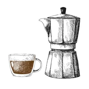 Sketch coffee maker. Coffee maker and mug isolated on white background. Stock Illustration
