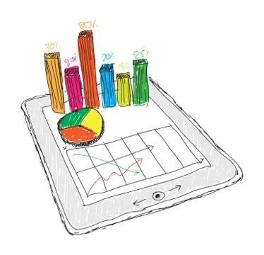 Sketch computer tablet showing a spreadsheet with  charts . Stock Illustration
