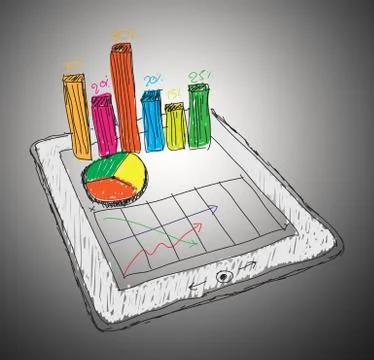 Sketch computer tablet showing a spreadsheet with  charts . Stock Illustration