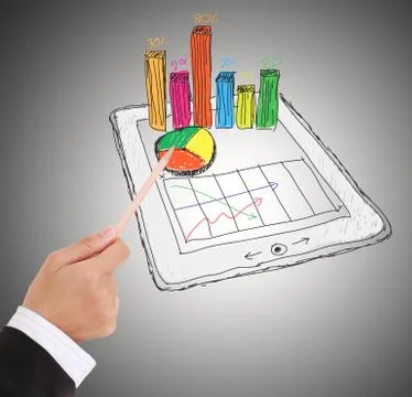 Sketch computer tablet showing a spreadsheet with  charts . Stock Illustration