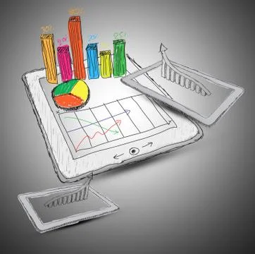 Sketch computer tablet showing a spreadsheet with  charts Stock Illustration