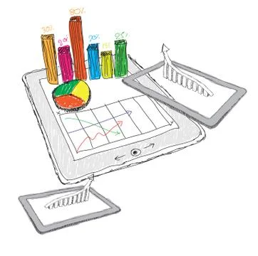 Sketch computer tablet showing a spreadsheet with  charts Stock Illustration