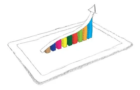 Sketch computer tablet showing a spreadsheet with  charts Stock Illustration