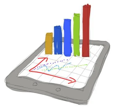 Sketch computer tablet showing a spreadsheet with charts Stock Illustration