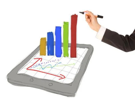 Sketch computer tablet showing a spreadsheet with charts Stock Illustration