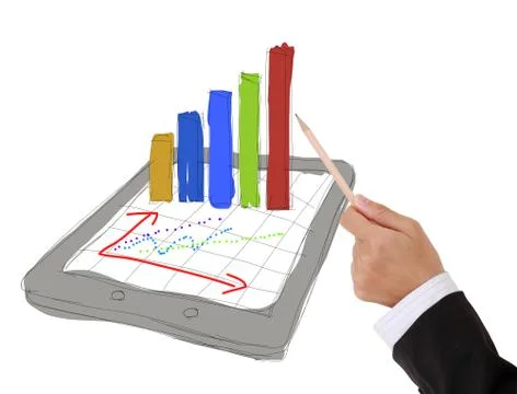 Sketch computer tablet showing a spreadsheet with charts Stock Illustration