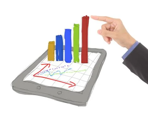 Sketch computer tablet showing a spreadsheet with charts Stock Illustration