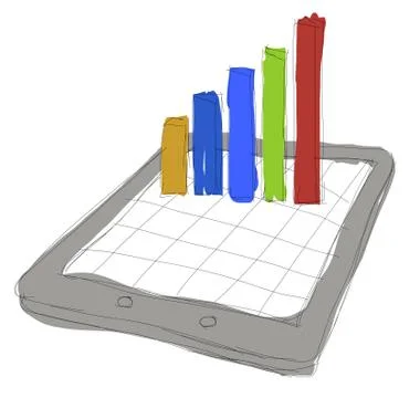Sketch computer tablet showing a spreadsheet with charts Stock Illustration
