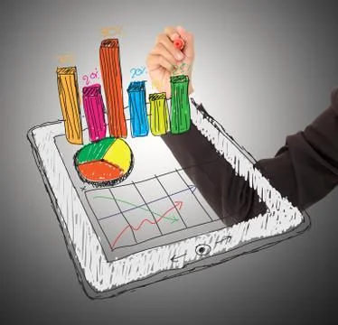 Sketch computer tablet showing a spreadsheet with  charts . Stock Photos
