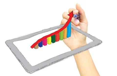 Sketch computer tablet showing a spreadsheet with  charts Stock Photos