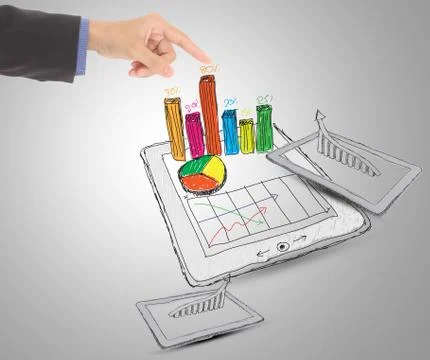Sketch computer tablet showing a spreadsheet with  charts Stock Photos