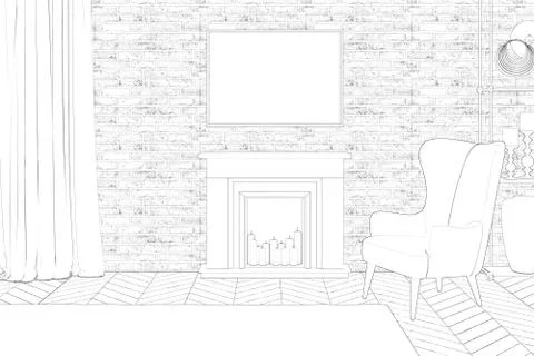 Sketch of the cozy interior with fireplace. 3d render Stock Illustration