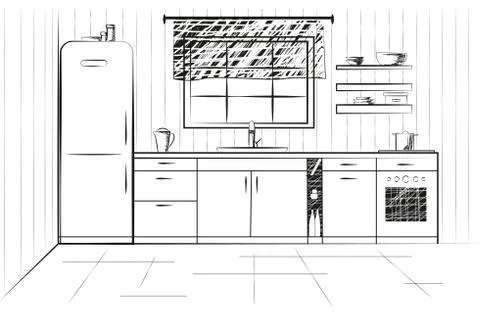 Sketch cuisine. Plan kitchen Vector illustration. Quick drawing Stock Illustration