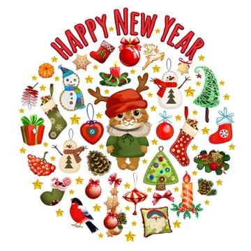 Sketch with cute cat in a red hat with horns with classic Christmas decorations Stock Illustration