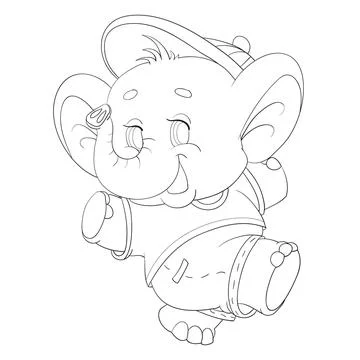 Sketch, cute elephant in a cap dancing fun, coloring book, isolated object on Stock Illustration