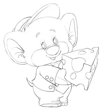 Sketch, cute mouse in a cap and clothes holding a piece of cheese in its paws Stock Illustration