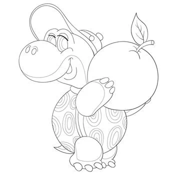 Sketch, cute turtle in a big cap holds a big apple in his hands, coloring boo Stock Illustration