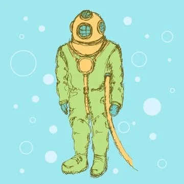 Sketch cute vintage diving suit Stock Illustration