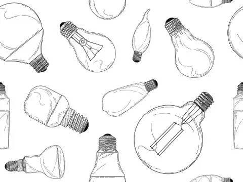 Sketch of different light bulbs isolated on a white background. Seamless patt Stock Illustration