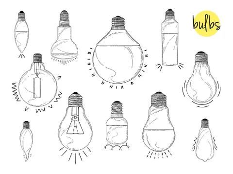 Sketch of different light bulbs isolated on a white background. Stock Illustration